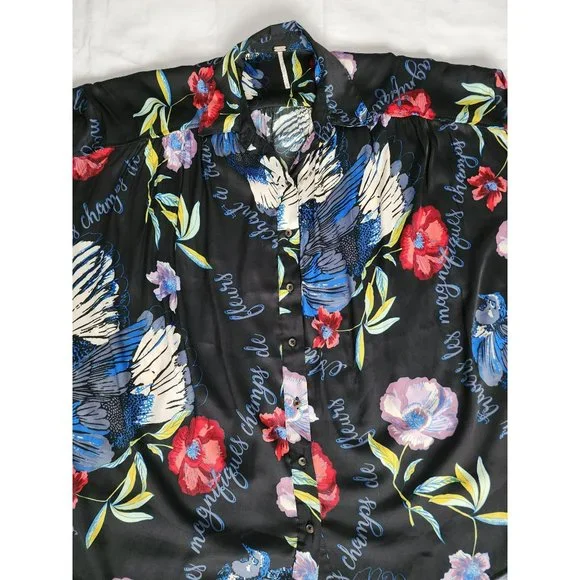 Free People Women's Black/Multi Floral Silky Nights Oversized Blouse Size XS/TP - Picture 6 of 12
